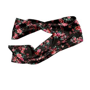 Vintage Satin Scarf Black and Red Floral Garden Boho Indie Retro Feminine Rare